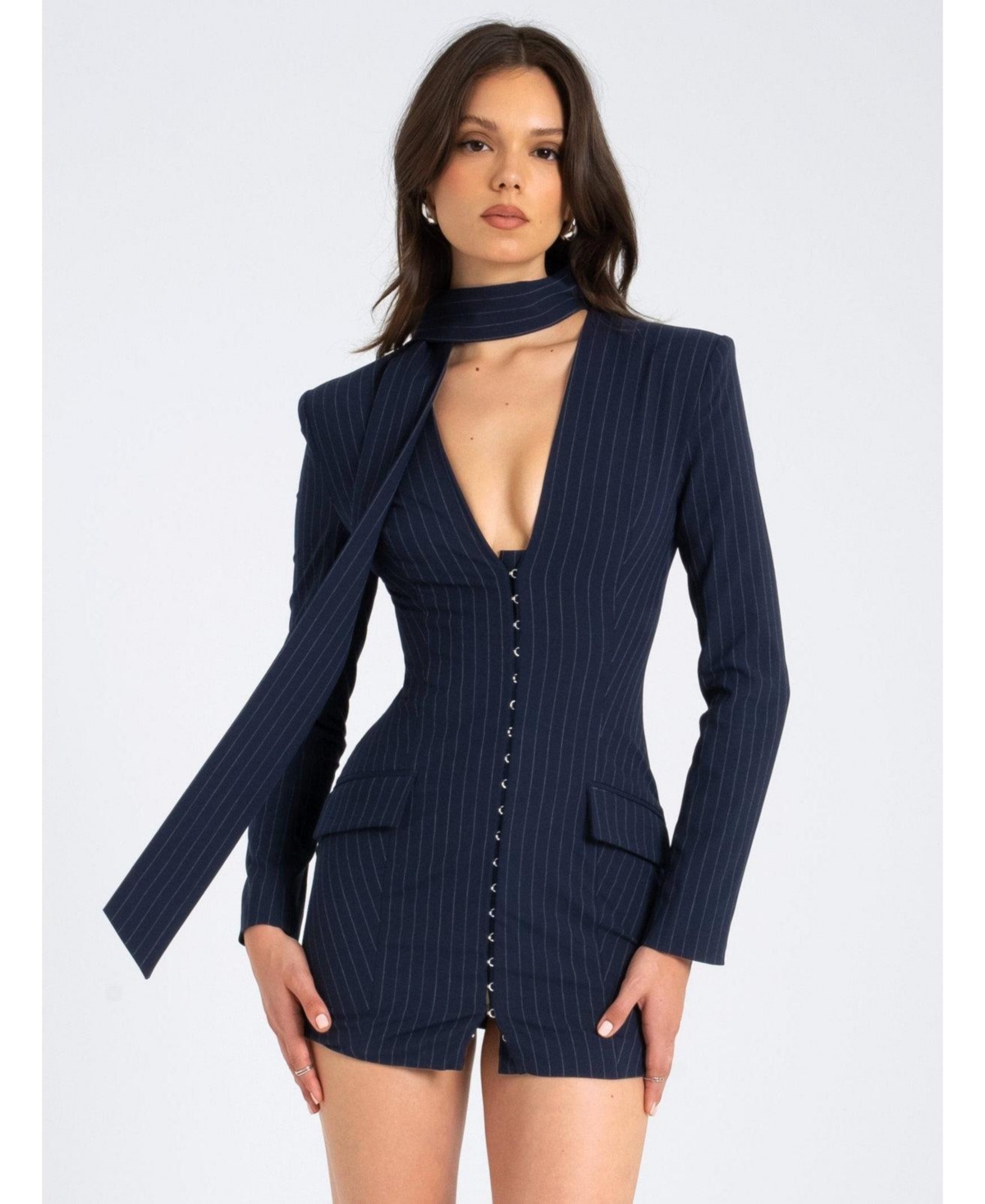 Miss Circle Women’s Tahlia Deep V Pinstripes Navy Blue Blazer Dress with scarf collar – Navy Miss Circle Women’s Tahlia Deep V Pinstripes Navy Blue Blazer Dress with scarf collar – Navy