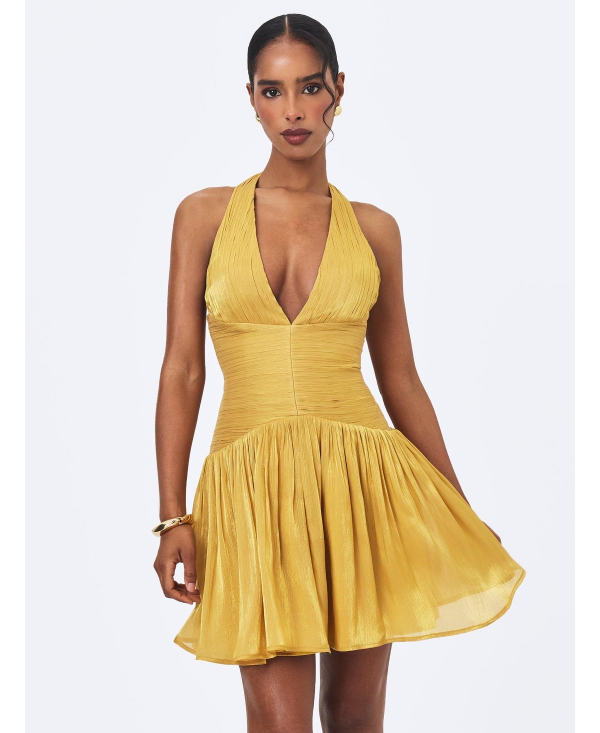 Miss Circle Women’s Xavia Gold Crystal Organza Plunging Halter Mini Dress – Gold Miss Circle Women’s Xavia Gold Crystal Organza Plunging Halter Mini Dress – Gold