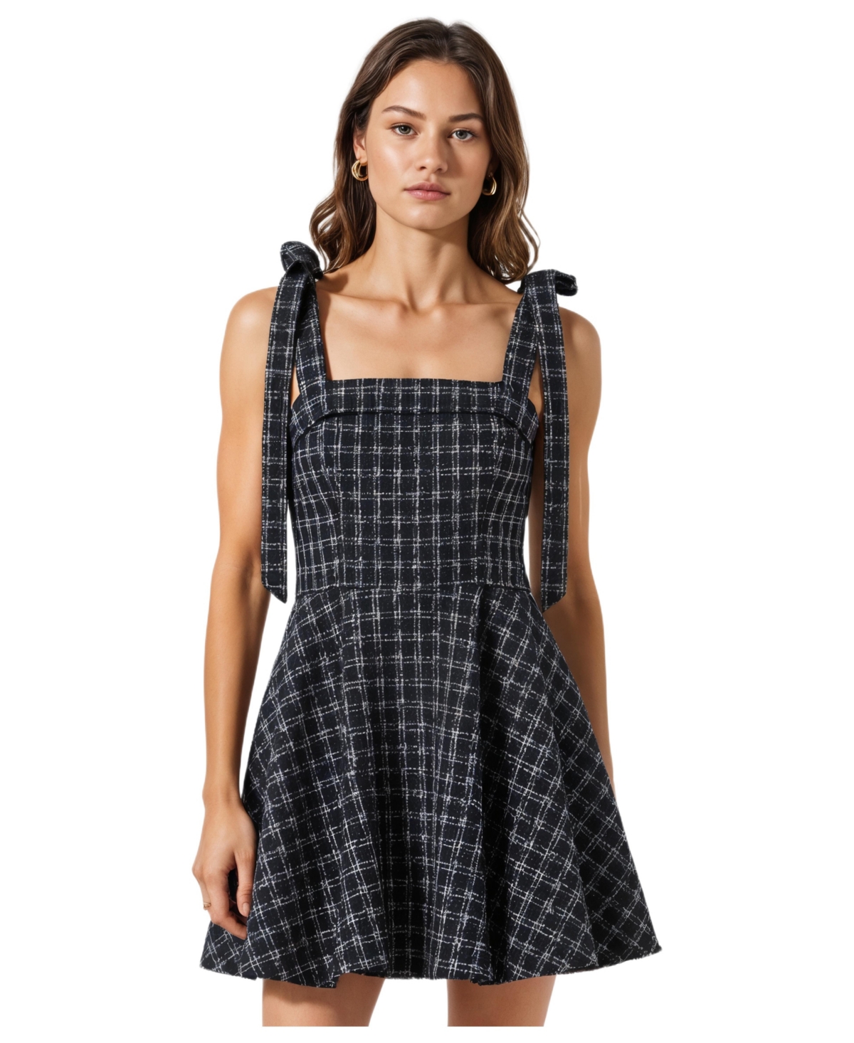 Modenaire Women’s Tweed Plaid Tie-Strap Square Neck Mini Dress – Black/white Modenaire Women’s Tweed Plaid Tie-Strap Square Neck Mini Dress – Black/white