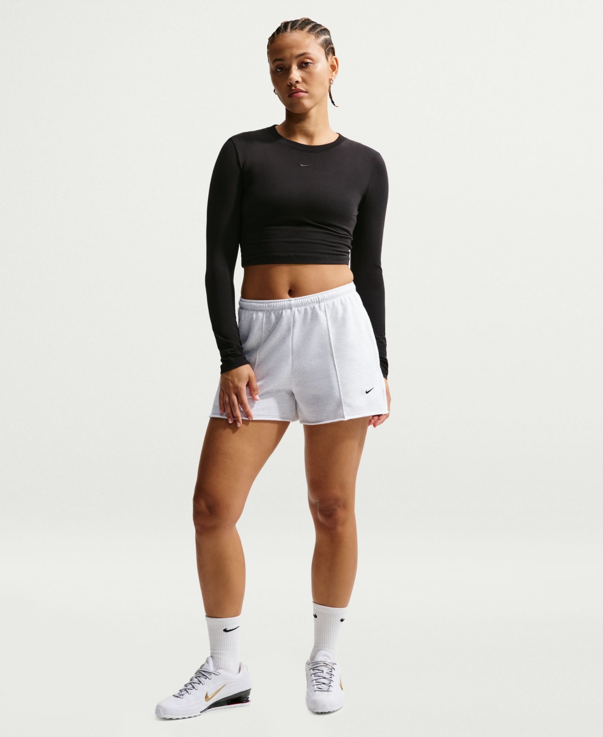 Nike Women’s Mid-Rise French Terry Shorts – Birch Heather/white/black Nike Women’s Mid-Rise French Terry Shorts – Birch Heather/white/black