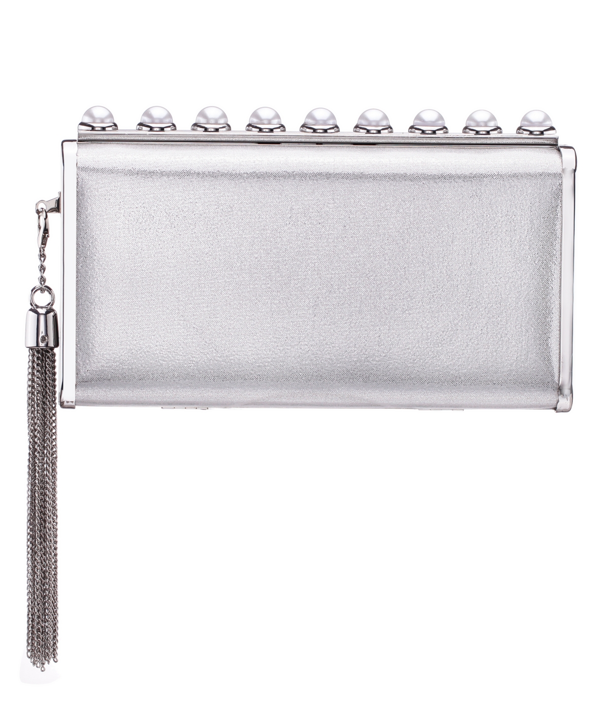 Nina Crystal Ornamented Minaudiere Tassel Lift Lock Clutch – Silver