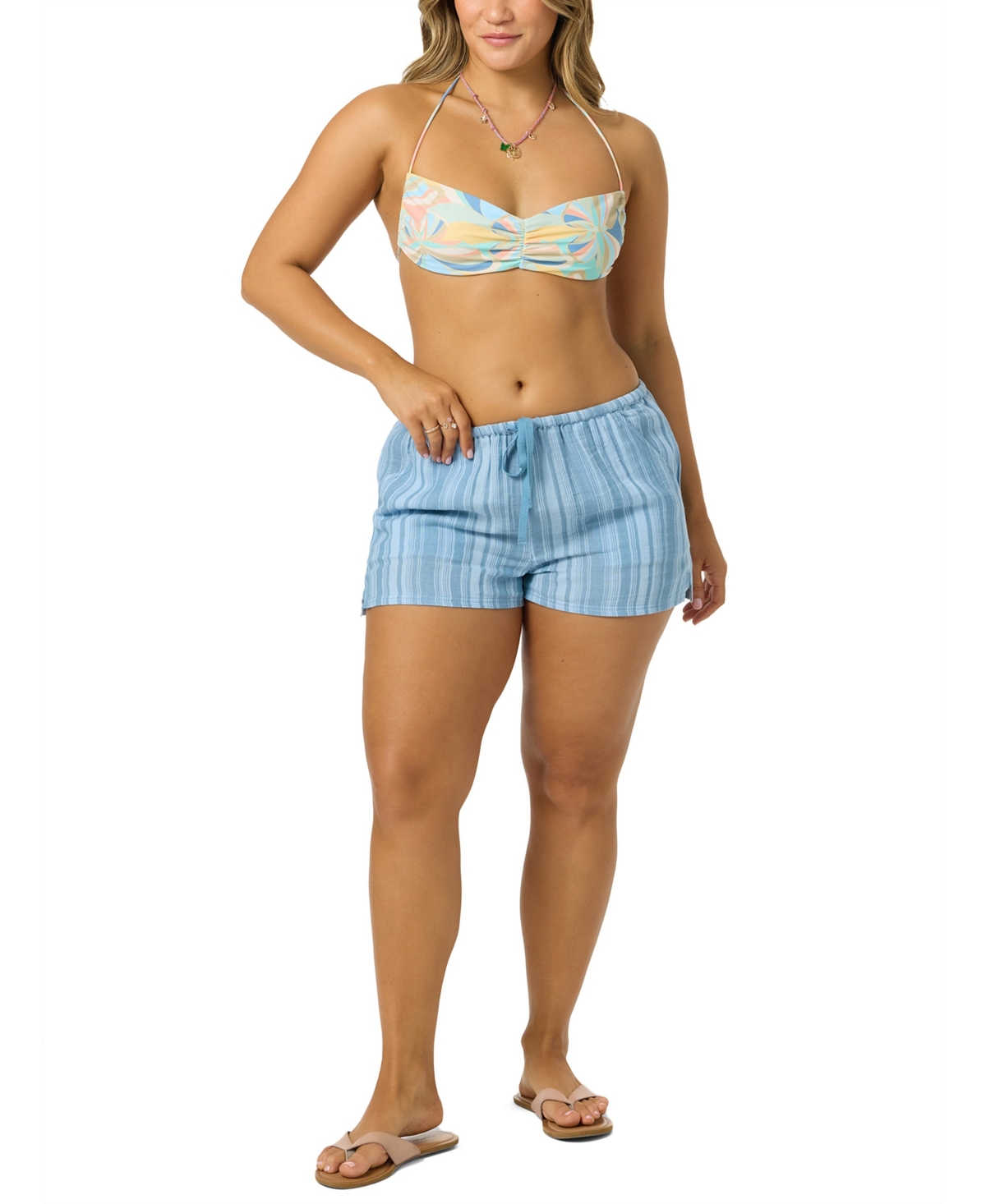 O’Neill Juniors’ Brenda Waves Elastic Waistband Striped Shorts – Chambray Blue