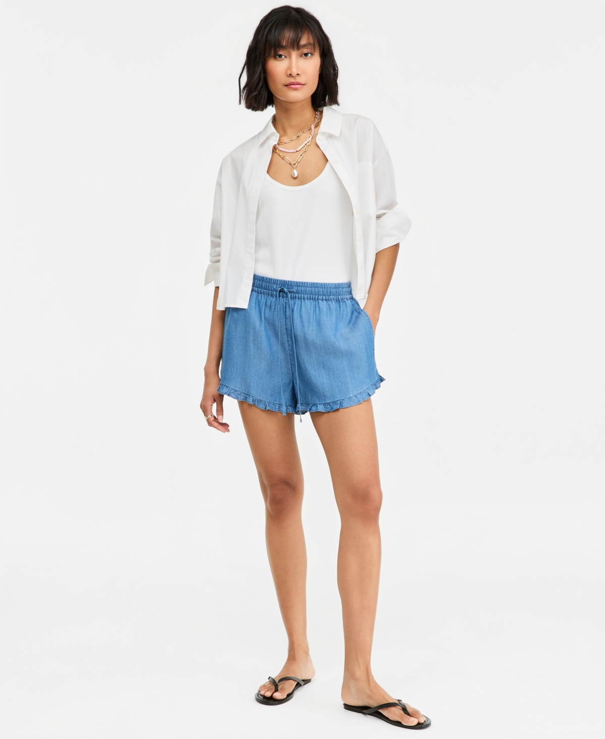 On 34th Women’s Chambray Ruffled Drawstring Shorts, Macy’s Exclusive – Summer Wash On 34th Women’s Chambray Ruffled Drawstring Shorts, Macy’s Exclusive – Summer Wash