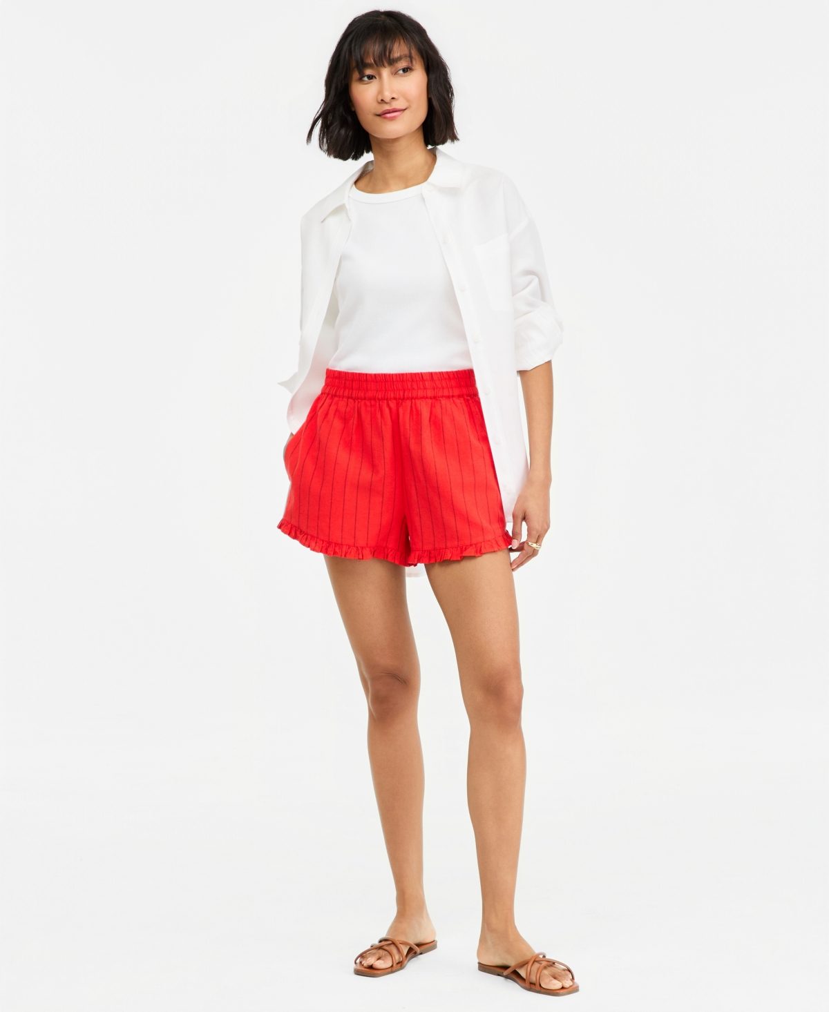 On 34th Women’s Linen Blend Ruffled-Hem Pull-On Shorts, Macy’s Exclusive – Red Combo