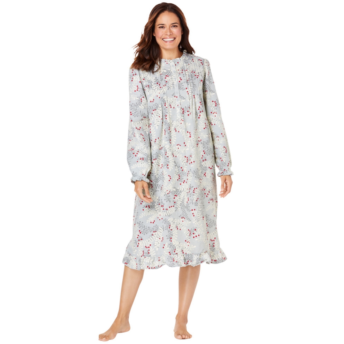 Only Neccessities Women’s Cotton Flannel Print Short Gown – Pearl grey holiday holly Only Neccessities Women’s Cotton Flannel Print Short Gown – Pearl grey holiday holly