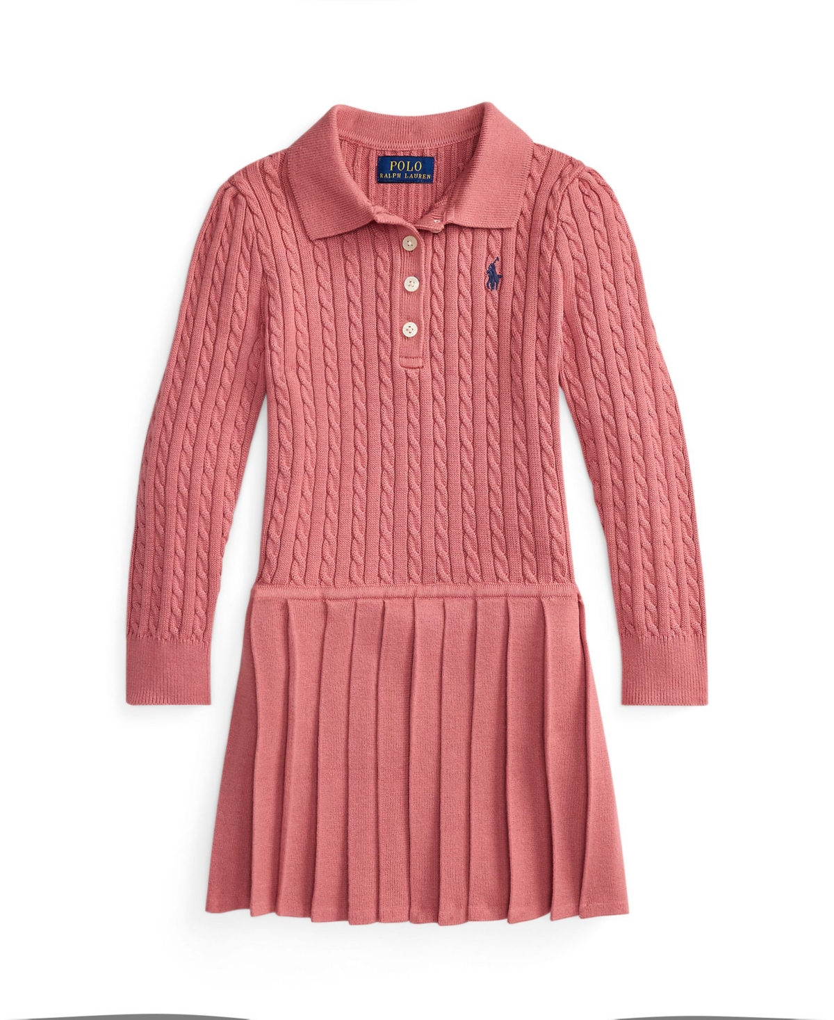 Polo Ralph Lauren Girls’ 4-16 Mini-Cable Polo Long-Sleeve Pleated Sweater Dress – Pink Polo Ralph Lauren Girls’ 4-16 Mini-Cable Polo Long-Sleeve Pleated Sweater Dress – Pink