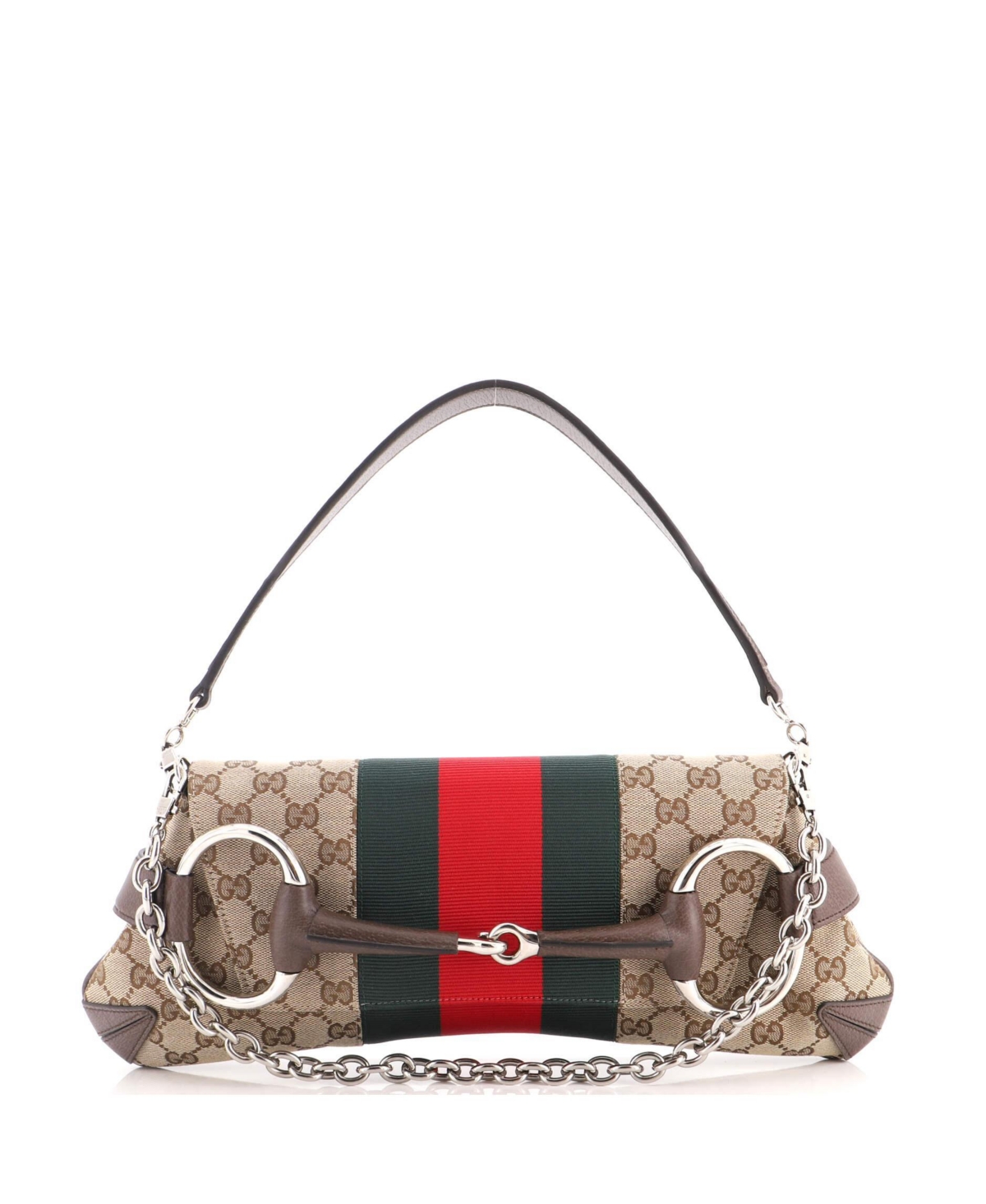 Pre-Owned Gucci Medium Horsebit Nm Web Chain Clutch Gg Canvas – Brown
