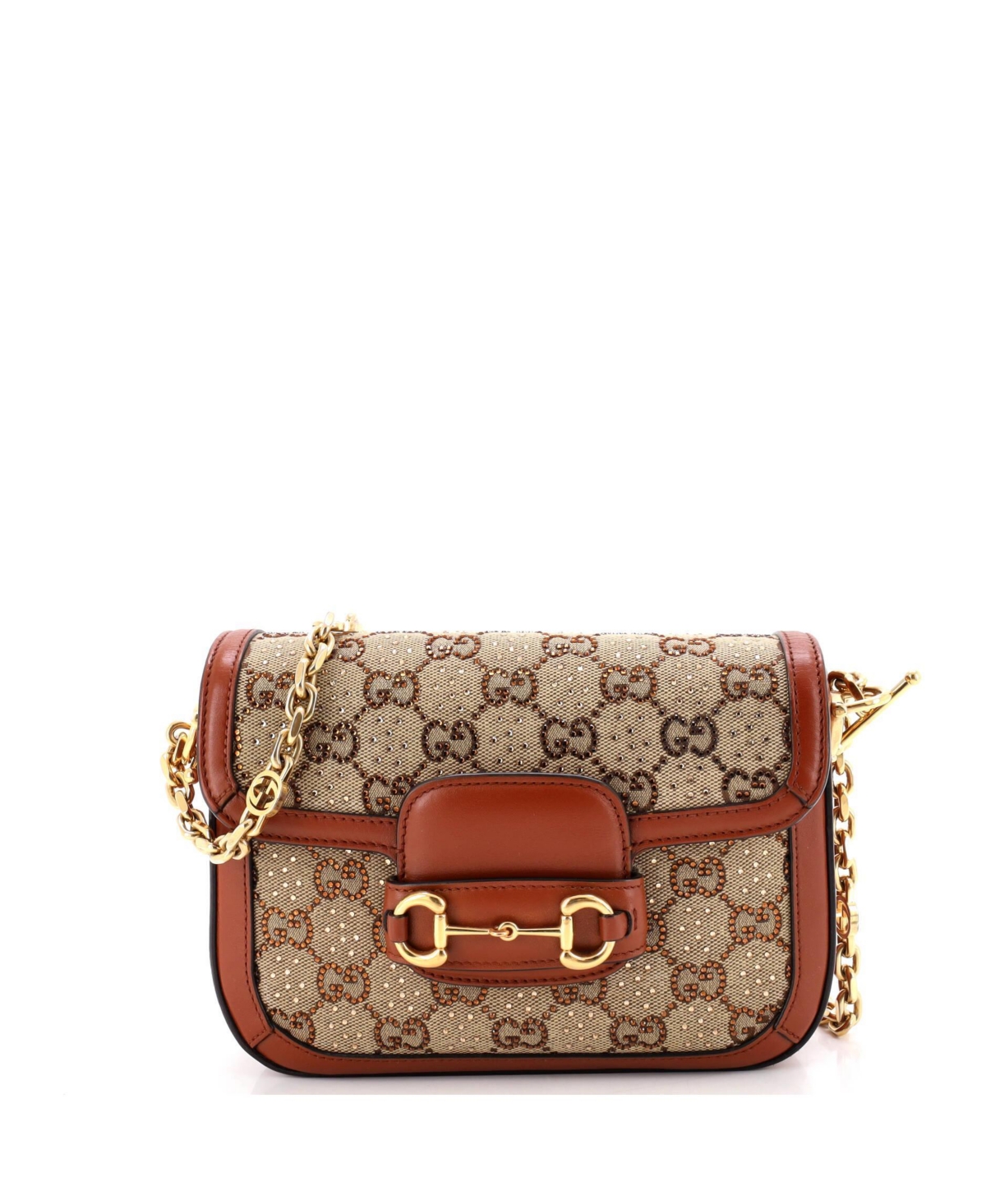 Pre-Owned Gucci Mini Horsebit 1955 Shoulder Bag Crystal Embellished Gg Canvas – Brown