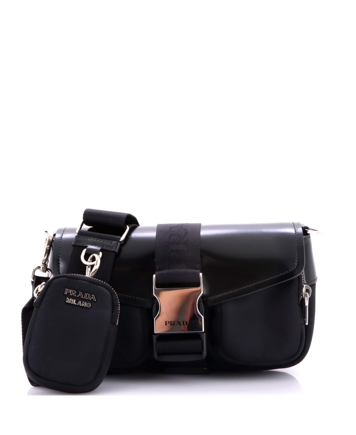 Pre-Owned Prada Buckle Pocket Crossbody Bag Spazzolato Leather and Tessuto – Black Pre-Owned Prada Buckle Pocket Crossbody Bag Spazzolato Leather and Tessuto – Black