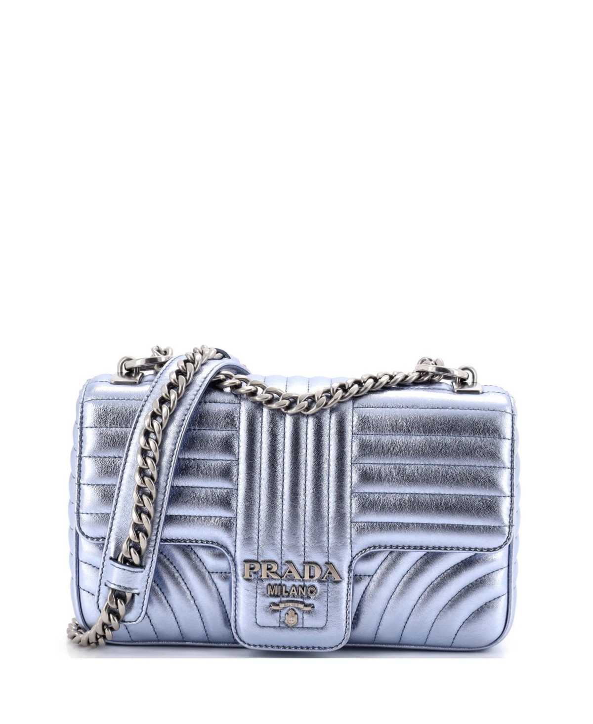 Pre-Owned Prada Medium Chain Flap Shoulder Bag Diagramme Quilted Leather – Silver
