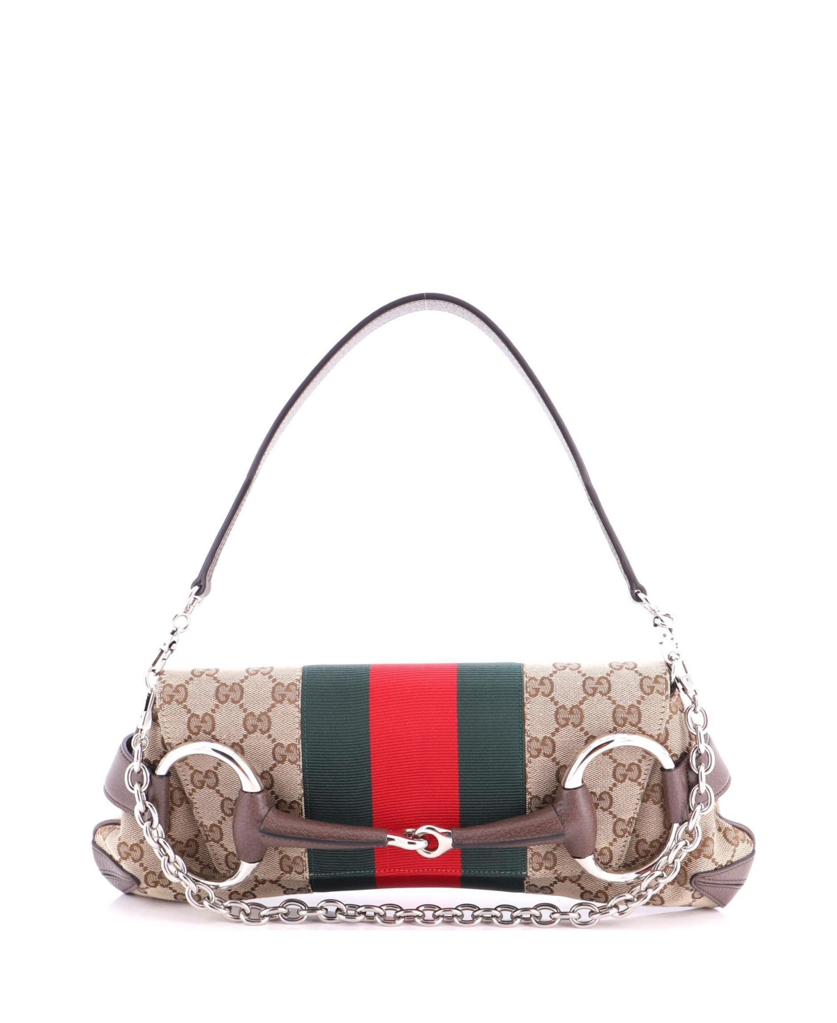 Pre-Owned Gucci Medium Horsebit Nm Web Chain Clutch Gg Canvas – Brown
