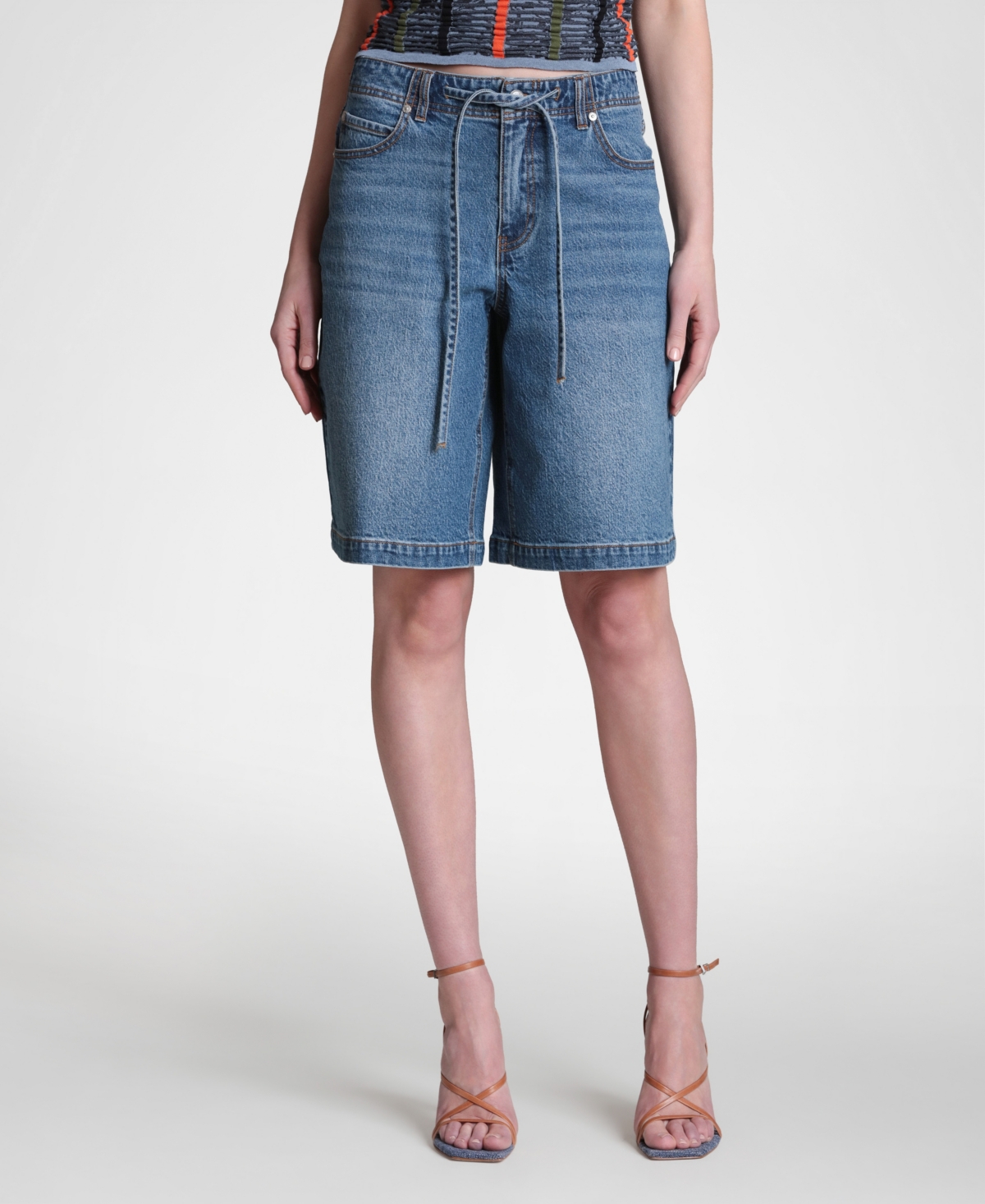 Avec Les Filles Women’s Drawstring Mid-Rise Shorts – Blue Mutli