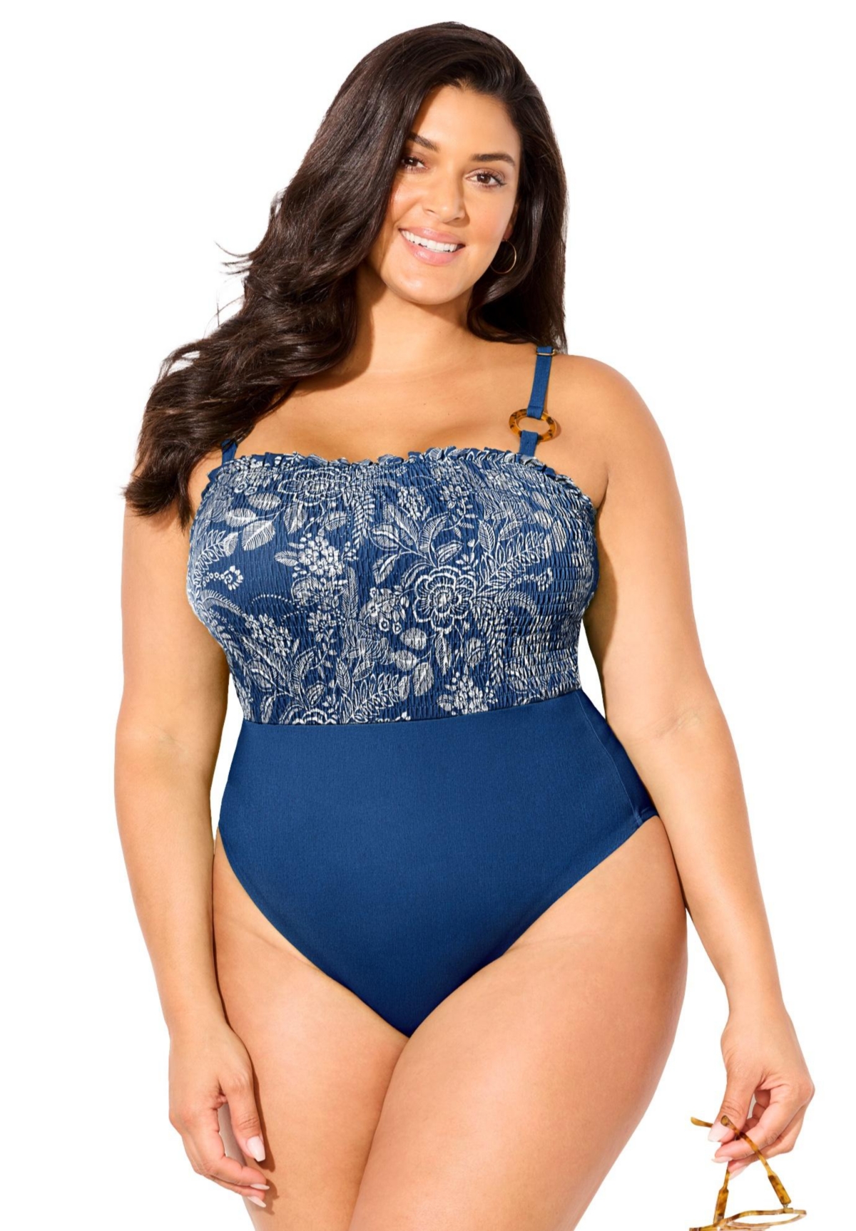 Swimsuits for All Women’s Smocked Ring Strap One Piece Swimsuit – Denim floral Swimsuits for All Women’s Smocked Ring Strap One Piece Swimsuit – Denim floral