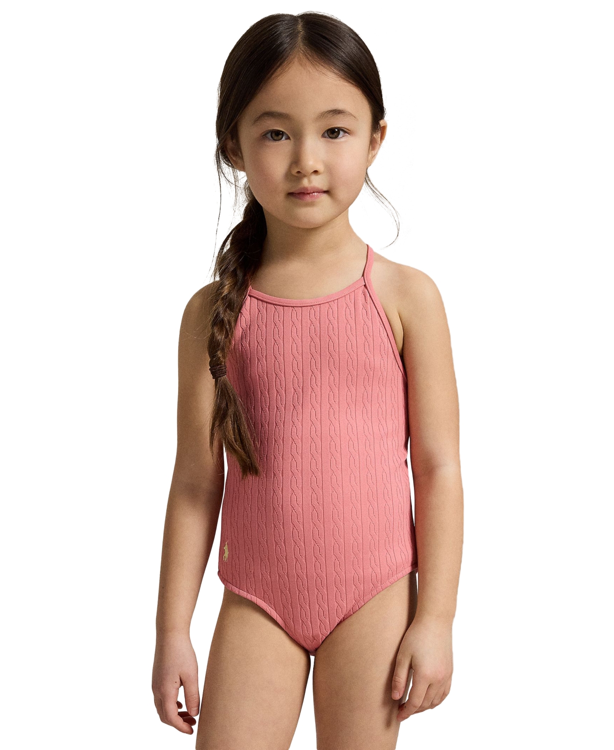 Polo Ralph Lauren Girls’ 2T-6X Mini-Cable Jacquard Round Neck One-Piece Swimsuit – Desert Rose Polo Ralph Lauren Girls’ 2T-6X Mini-Cable Jacquard Round Neck One-Piece Swimsuit – Desert Rose