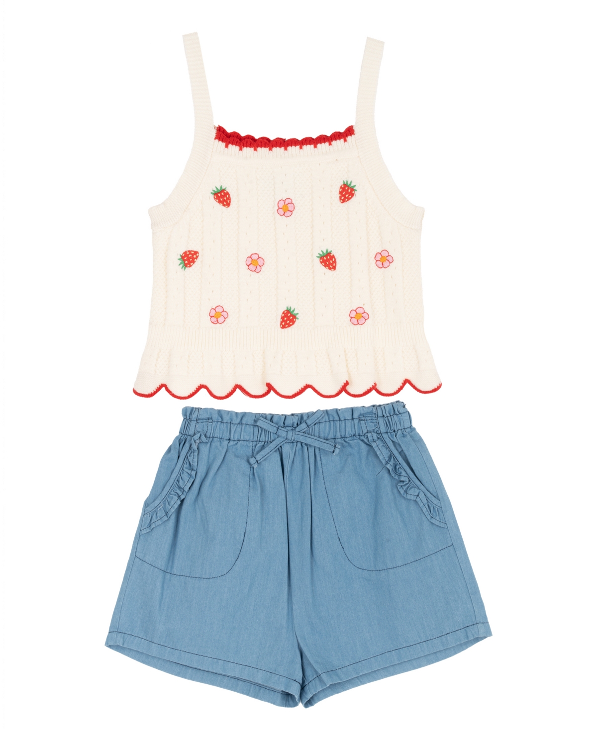 Rare Editions Girls’ 2T-6X Crochet Knit Tank and Chambray Shorts, 2-Piece Set – Ivory/Blue Rare Editions Girls’ 2T-6X Crochet Knit Tank and Chambray Shorts, 2-Piece Set – Ivory/Blue