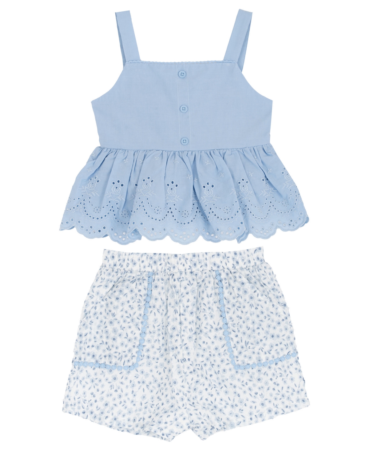 Rare Editions Girls’ 2T-6X Eyelet Ruffle Tank and Printed Paper Bag Shorts, 2-Piece Set – Light Blue Rare Editions Girls’ 2T-6X Eyelet Ruffle Tank and Printed Paper Bag Shorts, 2-Piece Set – Light Blue