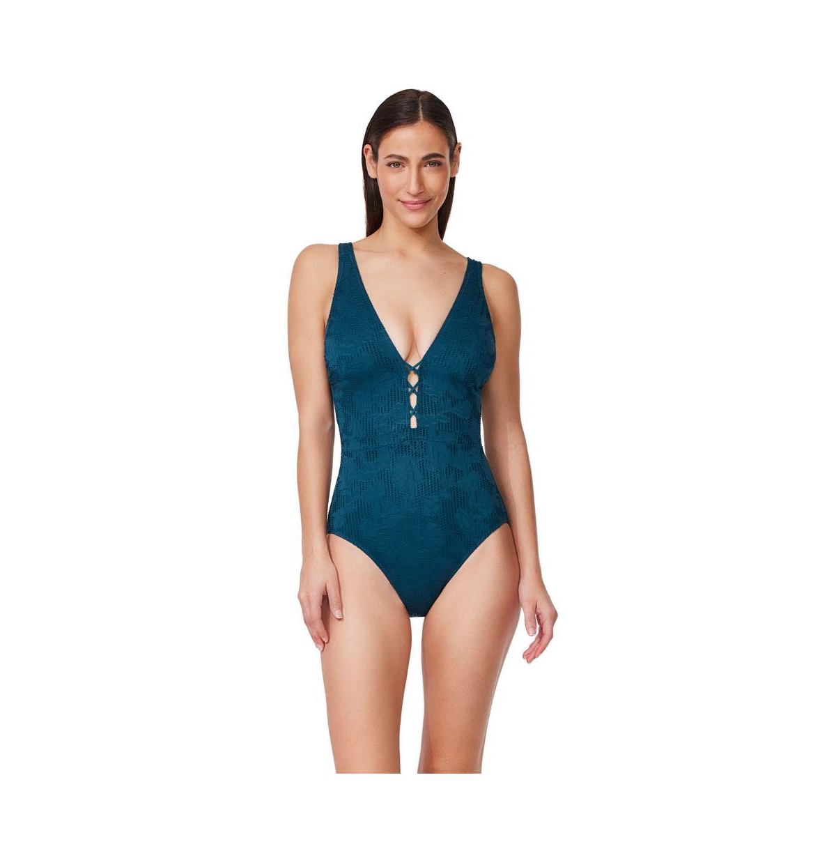 Profile by Gottex Women’s Jolene Textured Deep V-Neck One-Piece Swimsuit – Petrol