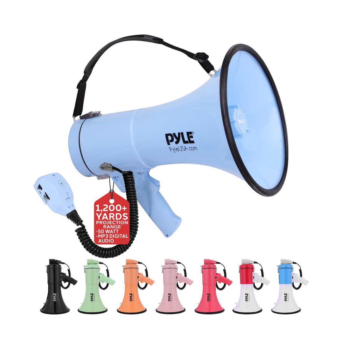 Pyle 50-Watt Portable Megaphone with Siren, MP3 Input, Automatic Siren, Shoulder Strap, Lightweight – Blue