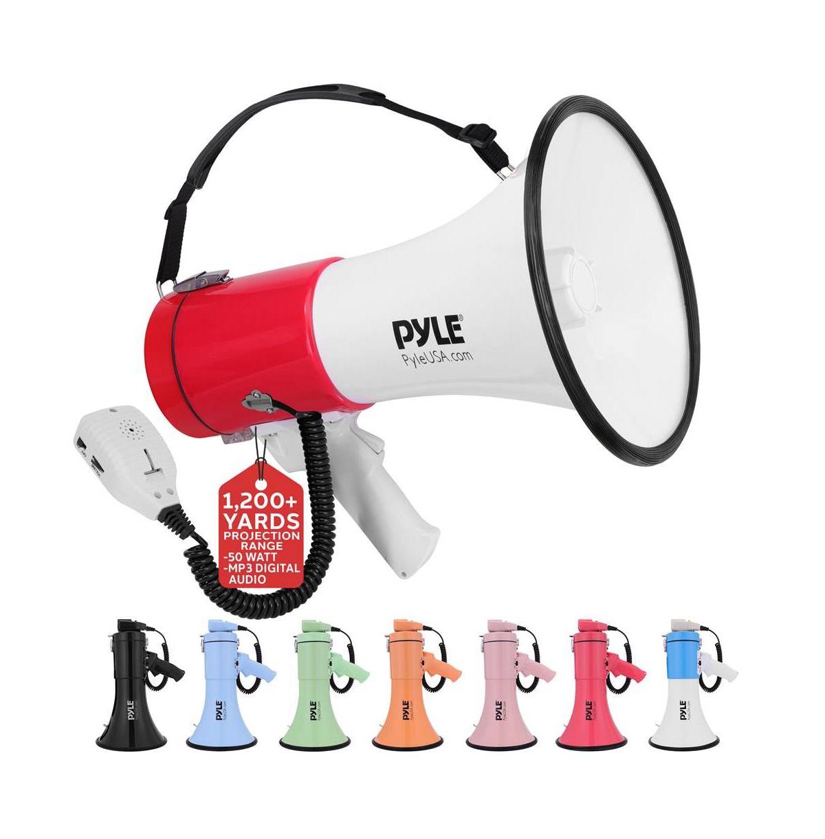 Pyle 50-Watt Portable Megaphone with Siren, MP3 Input, Automatic Siren, Shoulder Strap, Lightweight – White