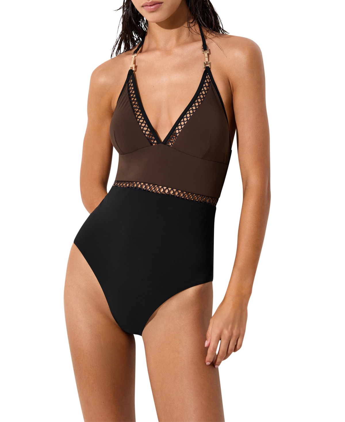 Reiss Women’s Ray Halter Plunging-Neckline Tummy-Control One-Piece Swimsuit – Chocolate