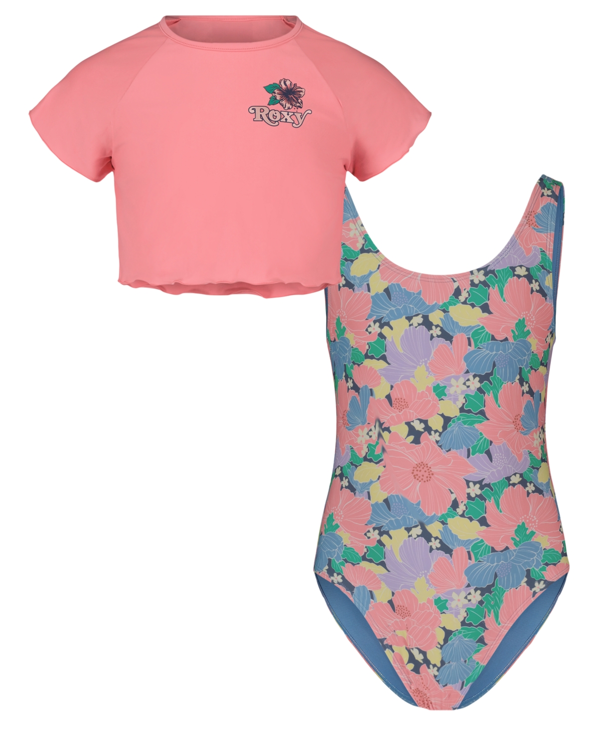 Roxy Girls’ 8-16 Scoop Neck Top & Floral One-Piece Swimsuit, 2-Piece Set – Pink/Blue Roxy Girls’ 8-16 Scoop Neck Top & Floral One-Piece Swimsuit, 2-Piece Set – Pink/Blue