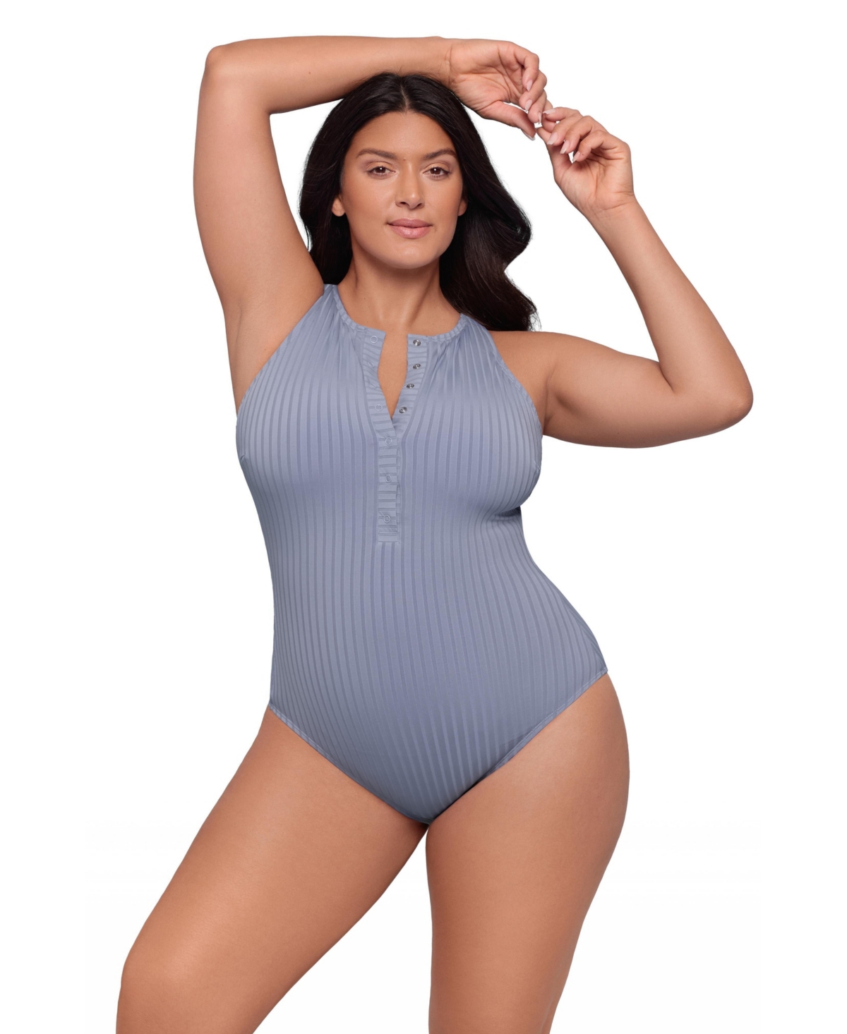 S3 Apparel Women’s S3 Smoothing Ribbed High-Neck Snap-Front One Piece Swimsuit – Iris
