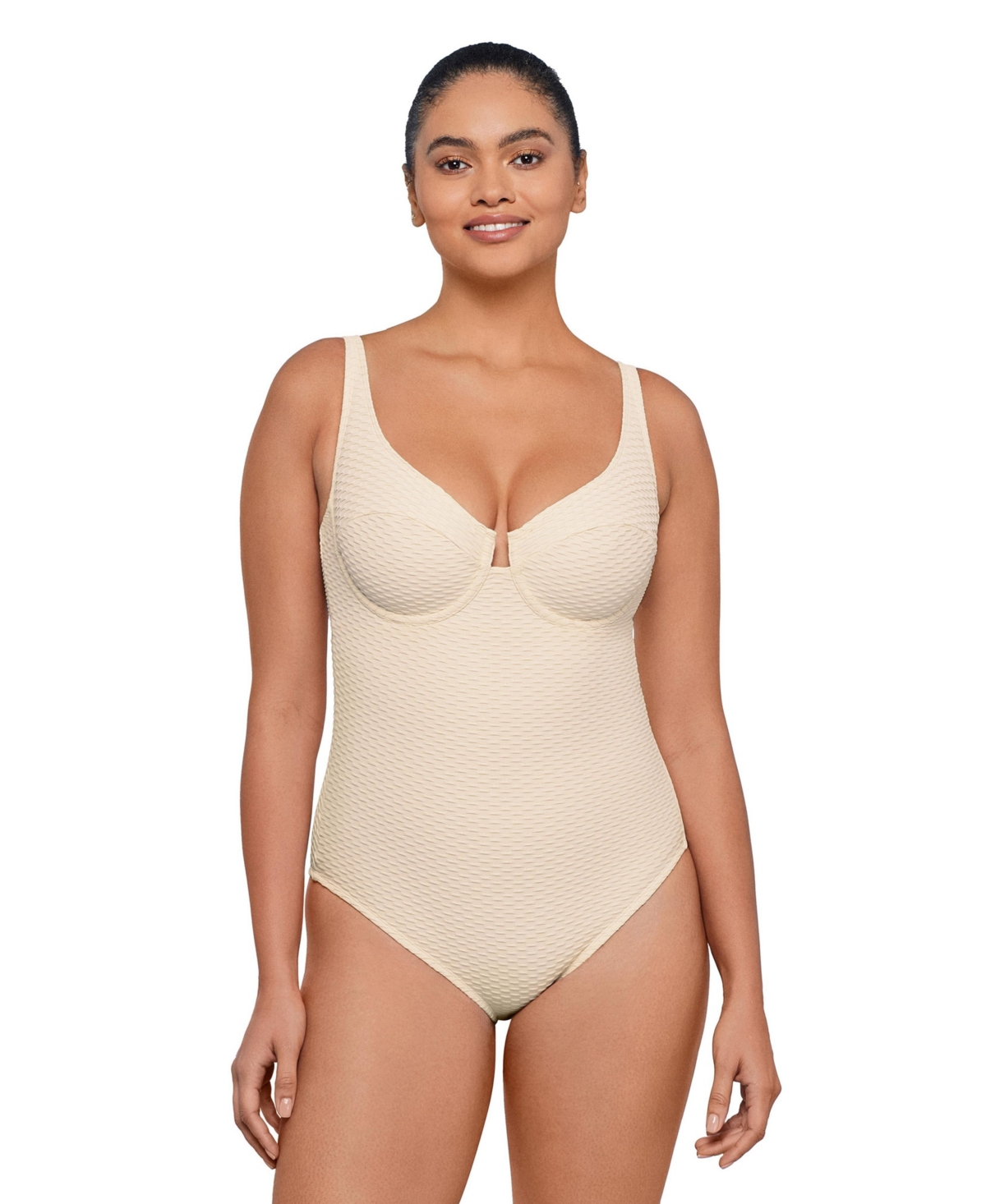 S3 Apparel Women’s Smoothing and Sculpting Grid Texture Underwire One-Piece Swimsuit – Pearl