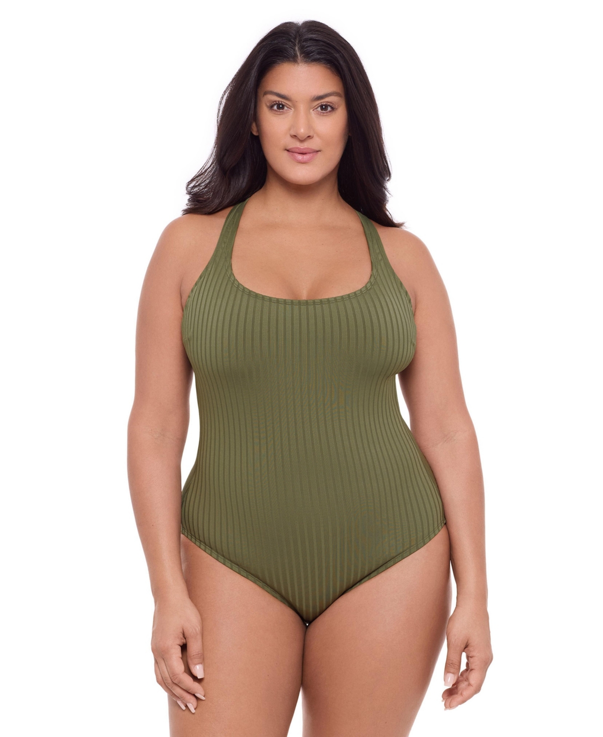 S3 Apparel Women’s Smoothing and Sculpting Ribbed Scoop-Neck Crossback One-Piece Swimsuit – Eucalyptus