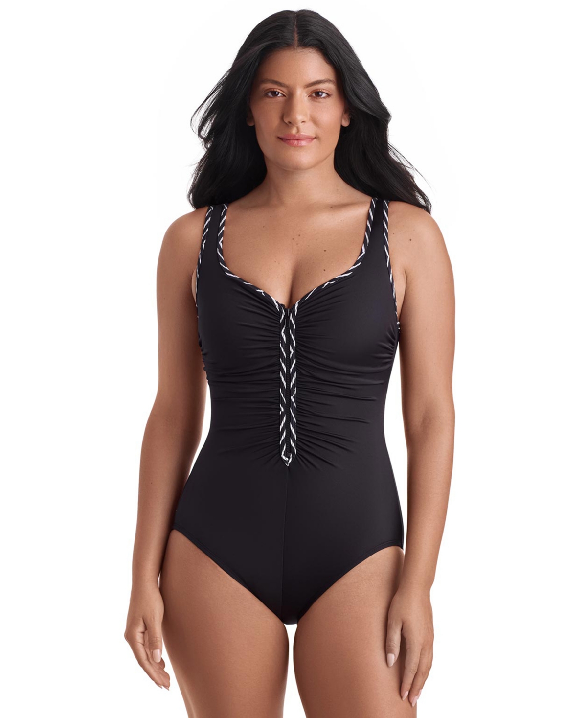 ShapeSolver Women’s Shirred Zipper One-Piece Swimsuit – In Graphic Detail