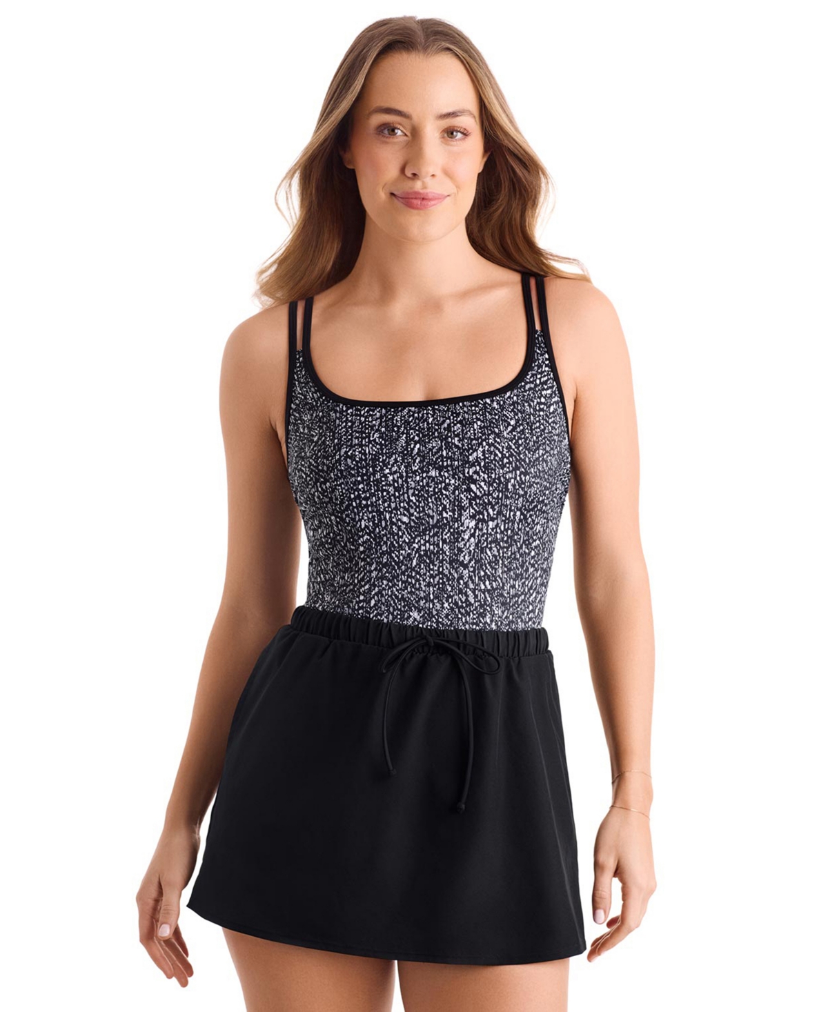 ShapeSolver Women’s Sport Skirted Runaround One-Piece Swimsuit – Pixel Twilight