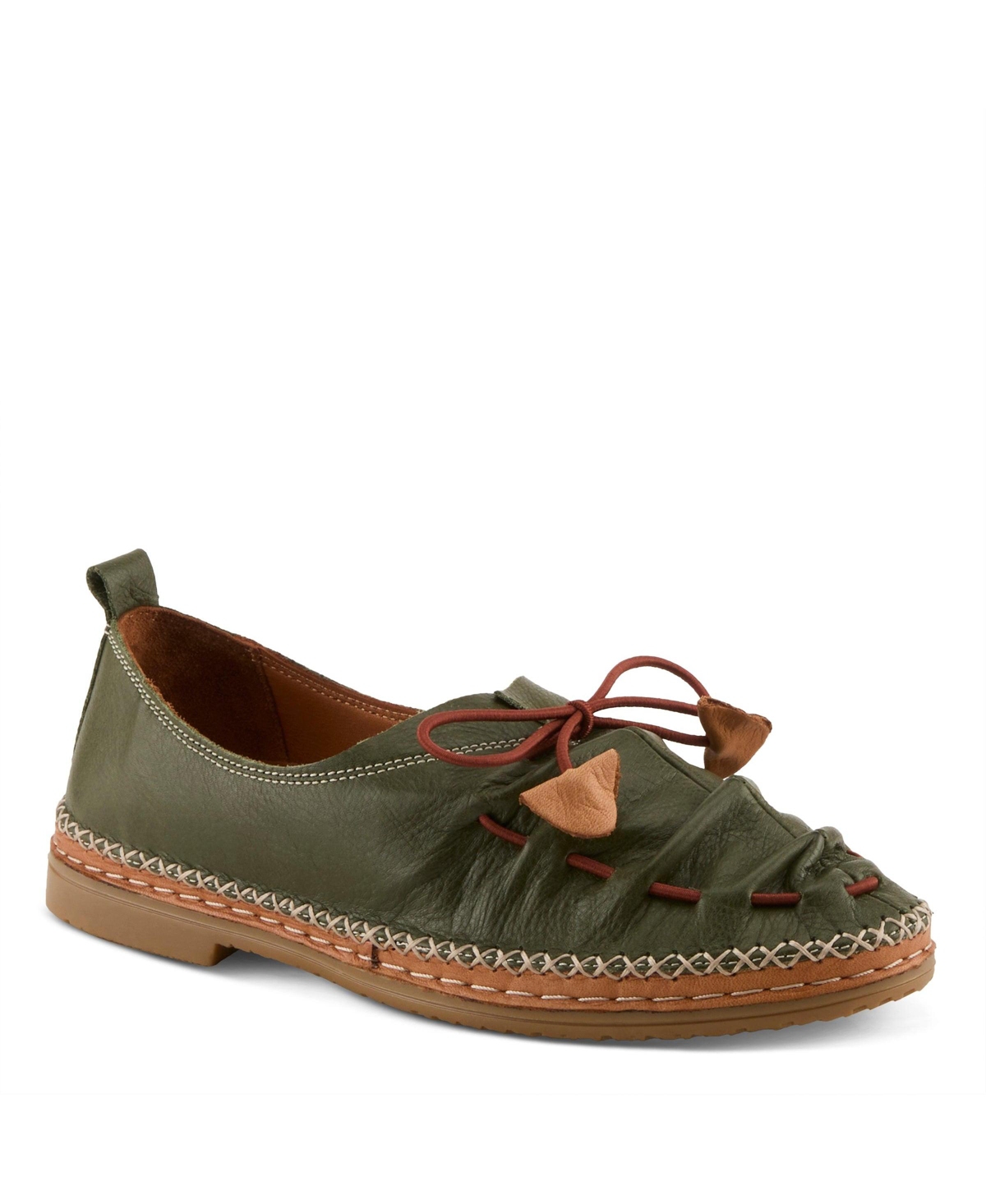Spring Step Berna Leather Slip-On Shoes with Elastic Vamp and Whip-Stitched Details – Dark olive
