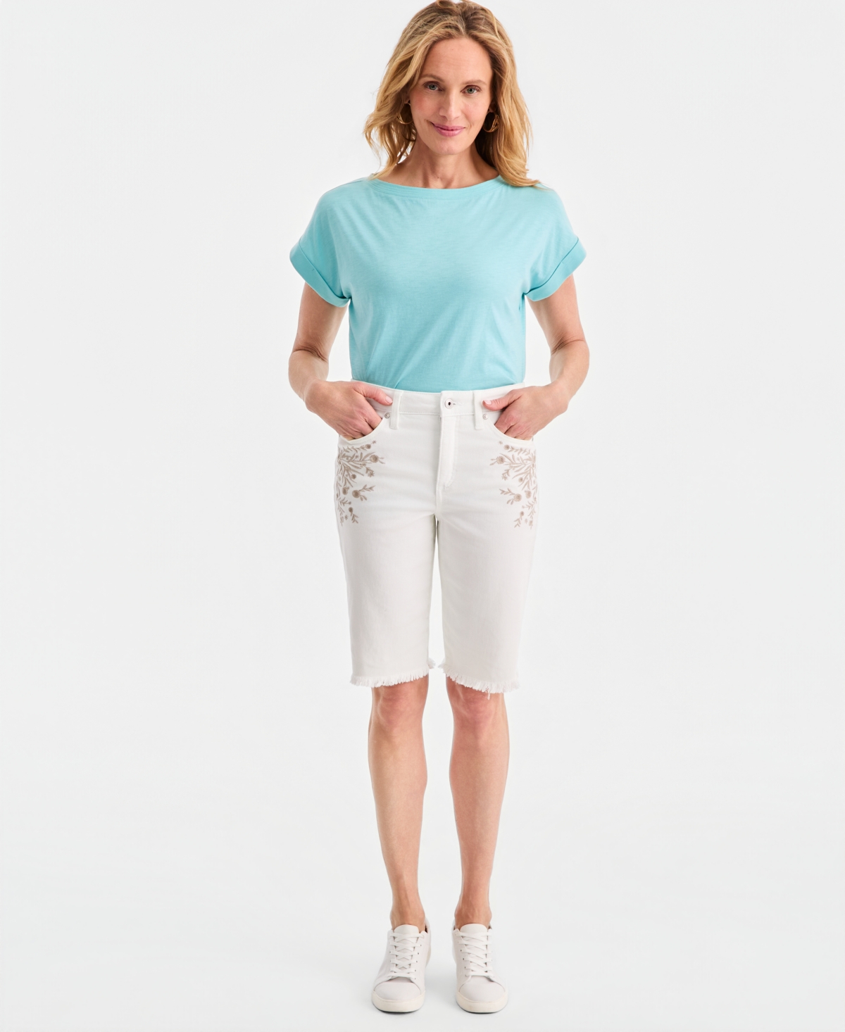 Style & Co Women’s Embroidered Mid-Rise Raw-Edge Bermuda Shorts, Macy’s Exclusive – White Embroidery Style & Co Women’s Embroidered Mid-Rise Raw-Edge Bermuda Shorts, Macy’s Exclusive – White Embroidery
