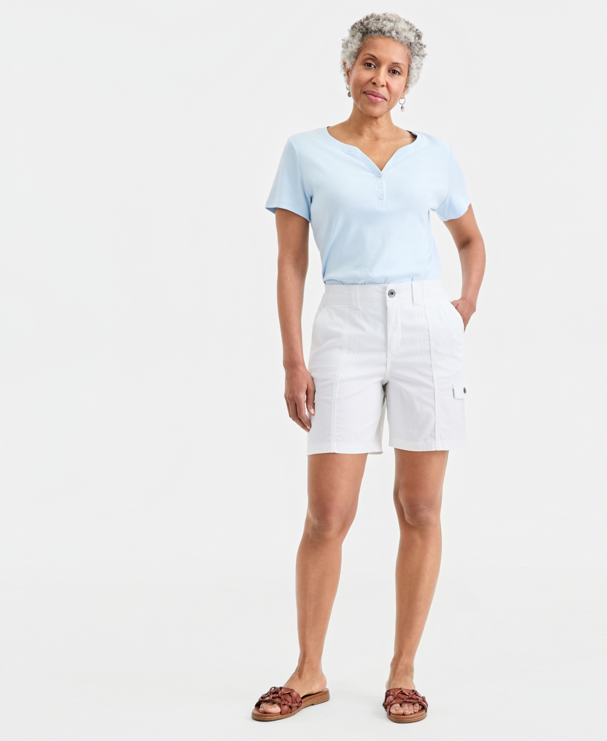Style & Co Women’s Petite Mid-Rise Comfort-Waist Cargo Shorts, Macy’s Exclusive – Bright White