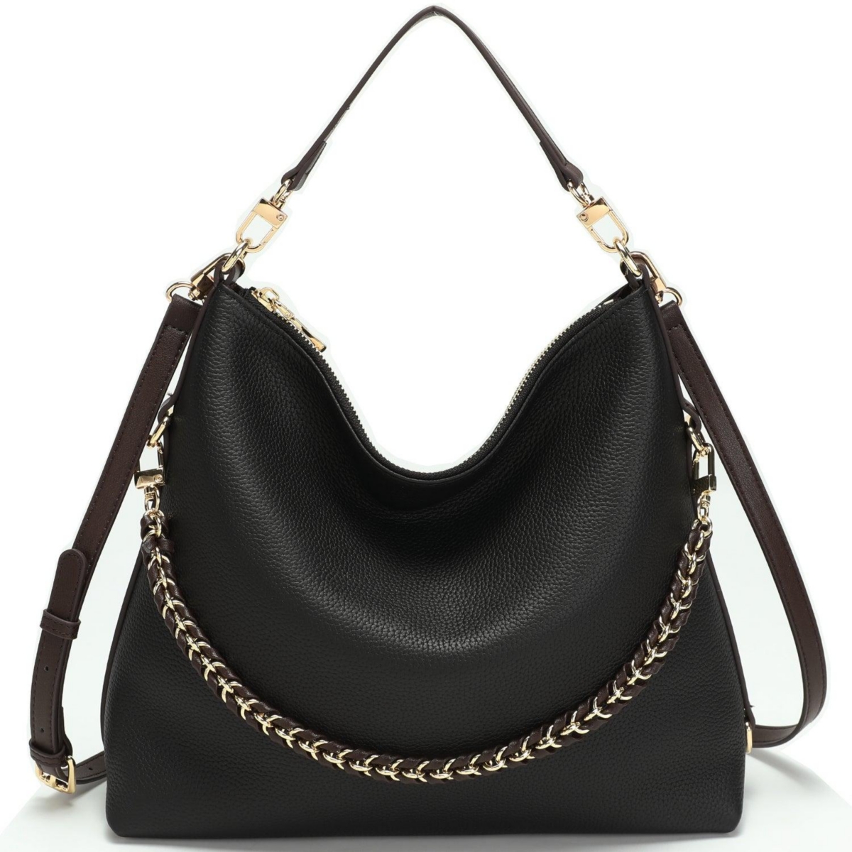 Susu Riva Leather Convertible Hobo Bag Shoulder and Crossbody with Chain Detail – Black