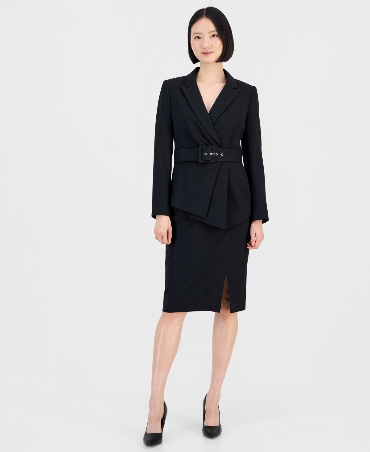Tahari Asl Women’s Asymmetrical Belted Jacket & Pencil Skirt Suit Set – Black Tahari Asl Women’s Asymmetrical Belted Jacket & Pencil Skirt Suit Set – Black