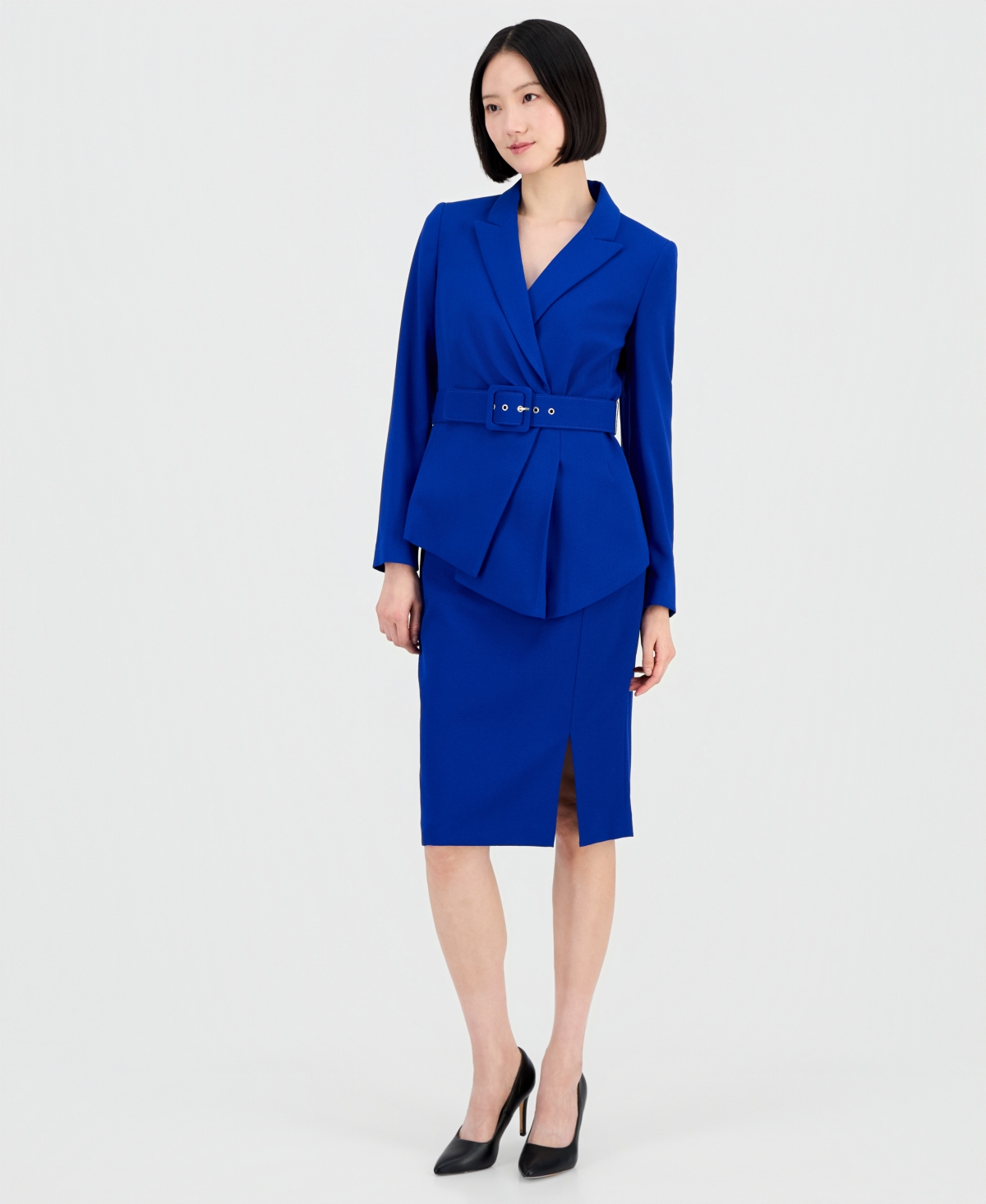 Tahari Asl Women’s Asymmetrical Belted Jacket & Pencil Skirt Suit Set – Cobalt Tahari Asl Women’s Asymmetrical Belted Jacket & Pencil Skirt Suit Set – Cobalt