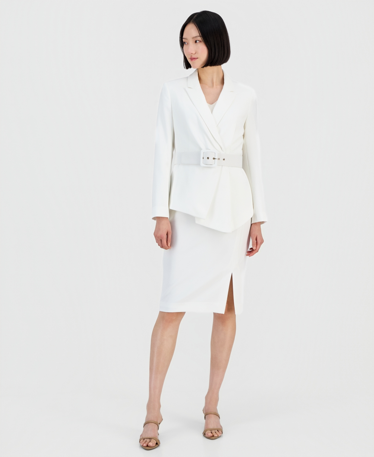 Tahari Asl Women’s Asymmetrical Belted Jacket & Pencil Skirt Suit Set – Ivory Tahari Asl Women’s Asymmetrical Belted Jacket & Pencil Skirt Suit Set – Ivory