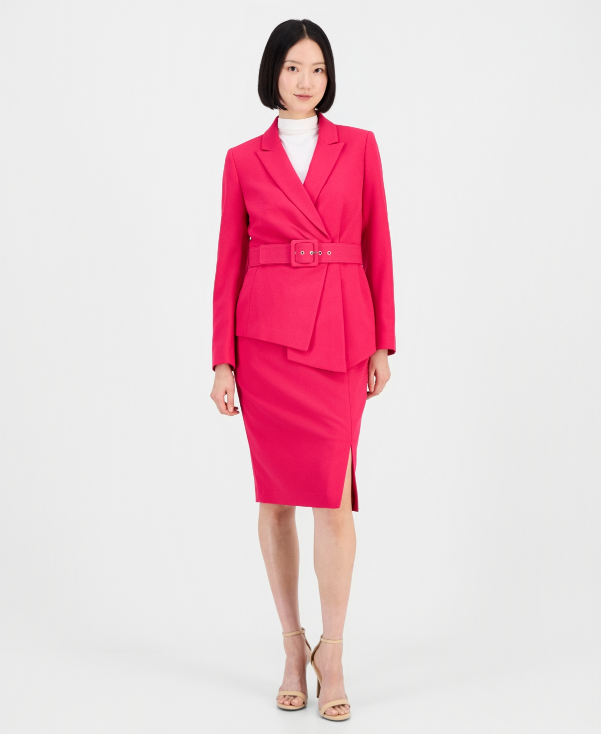 Tahari Asl Women’s Asymmetrical Belted Jacket & Pencil Skirt Suit Set – Rasberry Tahari Asl Women’s Asymmetrical Belted Jacket & Pencil Skirt Suit Set – Rasberry