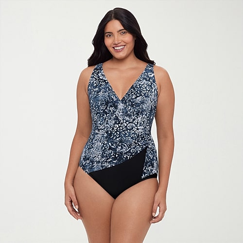 Trimshaper Womens Paisley Moderate Coverage One Piece Swimsuit, 14, Blue