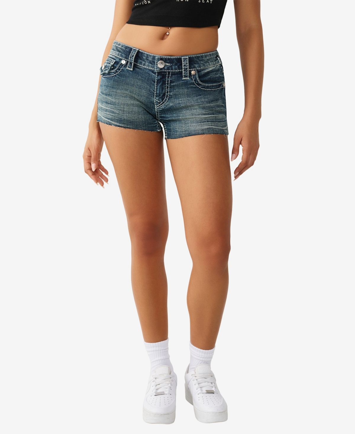 True Religion Women’s Joey Low-Rise Big T Flap Shorts – Dark Wash