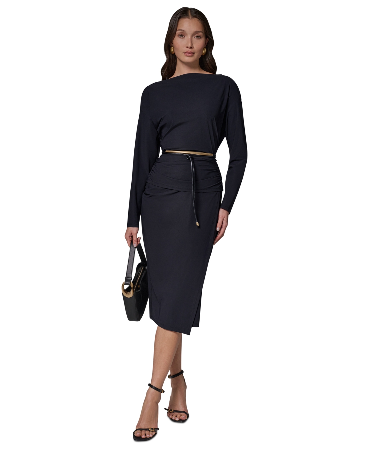 Two-Piece Long Sleeve Draped Top & Pencil Skirt Set with Belt – BLACK (BLK) Two-Piece Long Sleeve Draped Top & Pencil Skirt Set with Belt – BLACK (BLK)