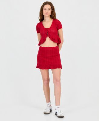 Ultra Flirt Juniors Crochet Ruffled Trim Cardigan Mini Skirt