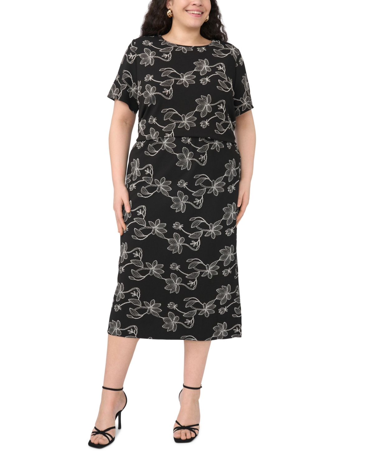 Vince Camuto Plus Size Floral Embroidered Pull-On Midi Skirt – Rich Black Vince Camuto Plus Size Floral Embroidered Pull-On Midi Skirt – Rich Black