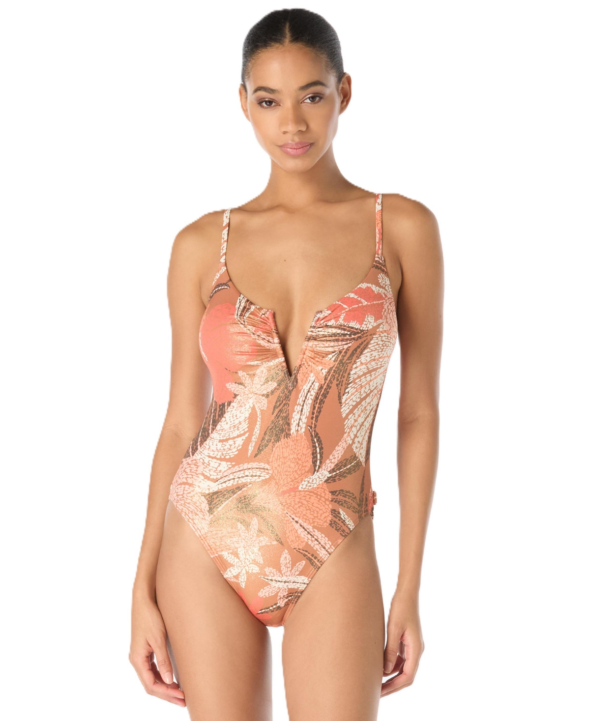 Vince Camuto Women’s V-Neck One-Piece Swimsuit – Brown Multi Vince Camuto Women’s V-Neck One-Piece Swimsuit – Brown Multi