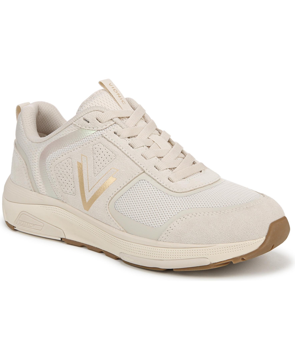 Vionic Womens Walk Strider 001 Walking Shoes – Cream / gold suede mesh