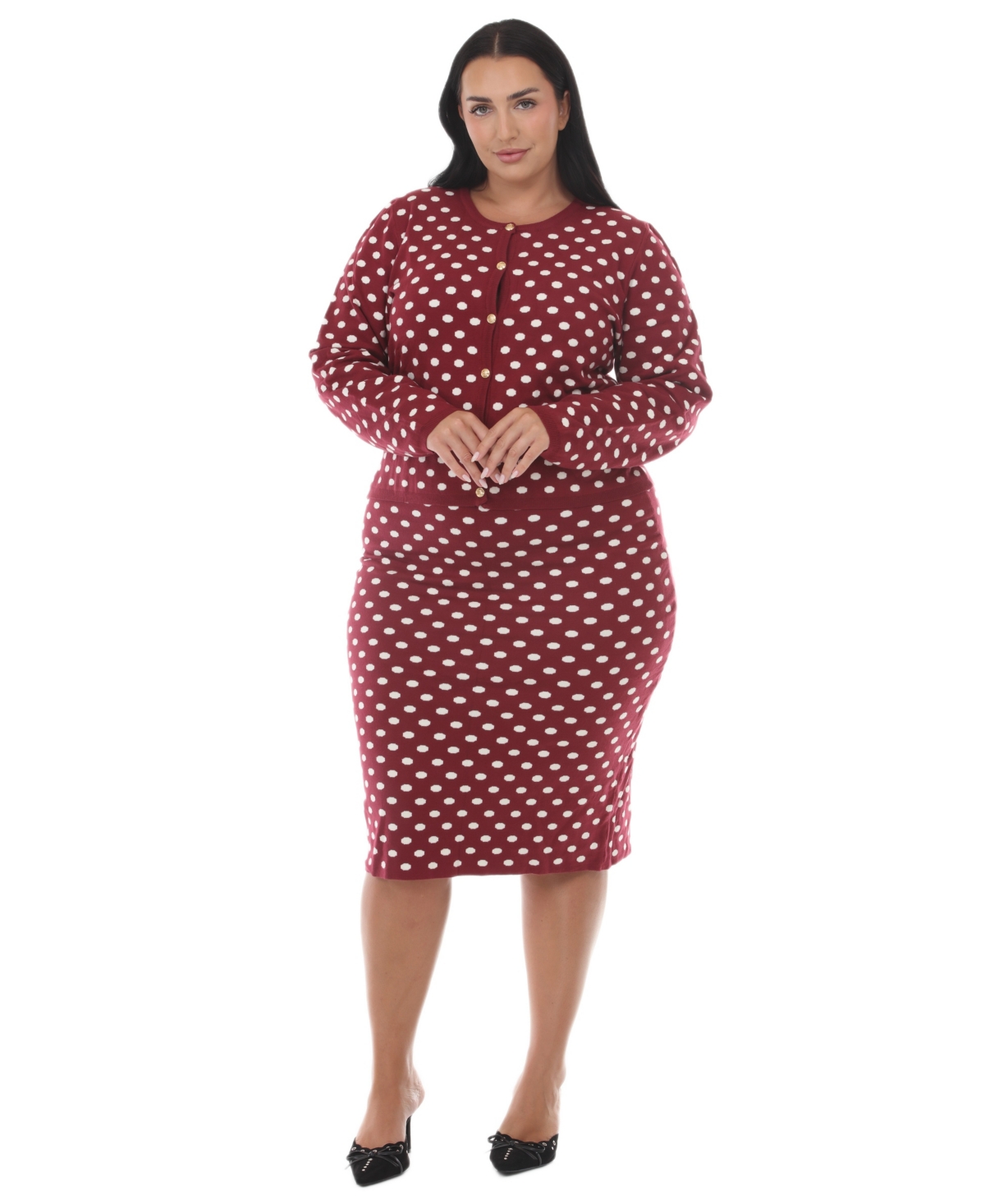 White Mark Plus Size Polka-Dot Midi Top and Skirt, 2-Piece Set – Burgundy