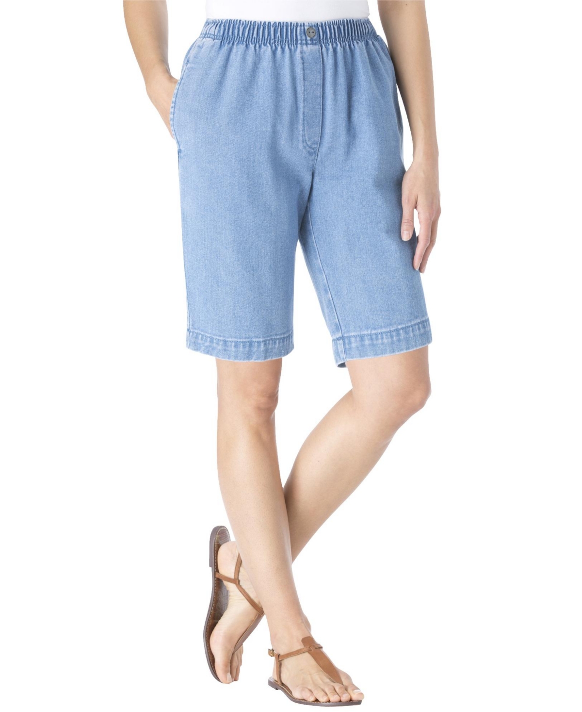 Woman Within Women’s Within 7-Day Elastic-Waist Pull-On Cotton Denim Shorts – Light stonewash