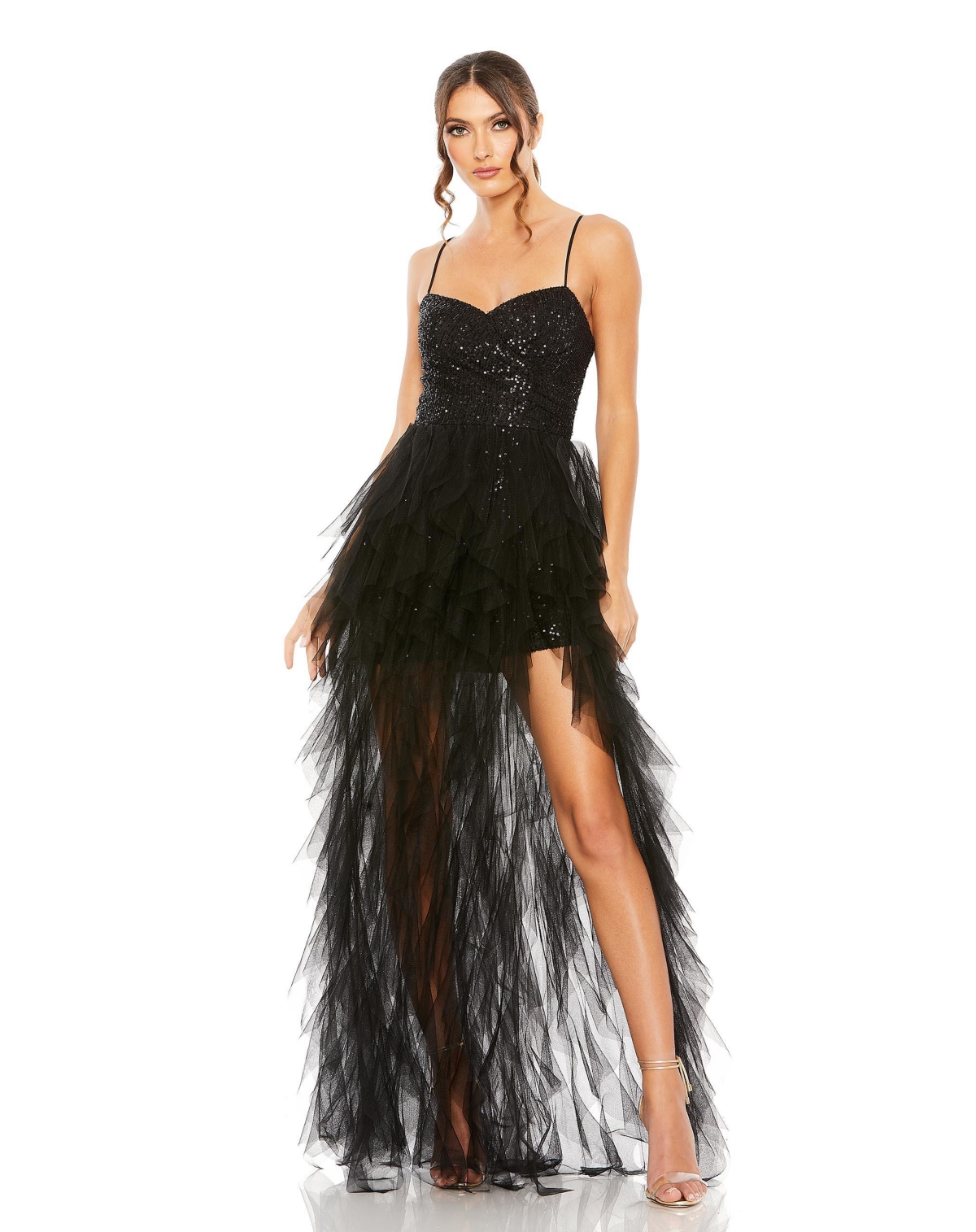 Women’s Ieena Sequin Mini Dress With High Low Ruffle Tiered Train – Black Women’s Ieena Sequin Mini Dress With High Low Ruffle Tiered Train – Black