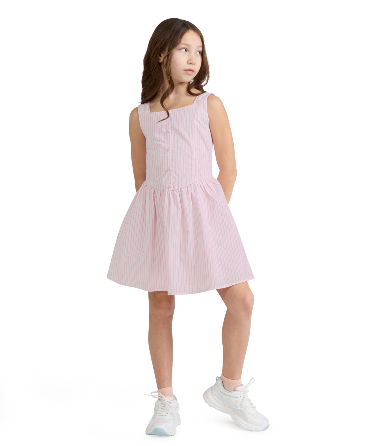 abercrombie kids Girls’ Faux Button Square Neck Mini Dress – Chalk Pink abercrombie kids Girls’ Faux Button Square Neck Mini Dress – Chalk Pink