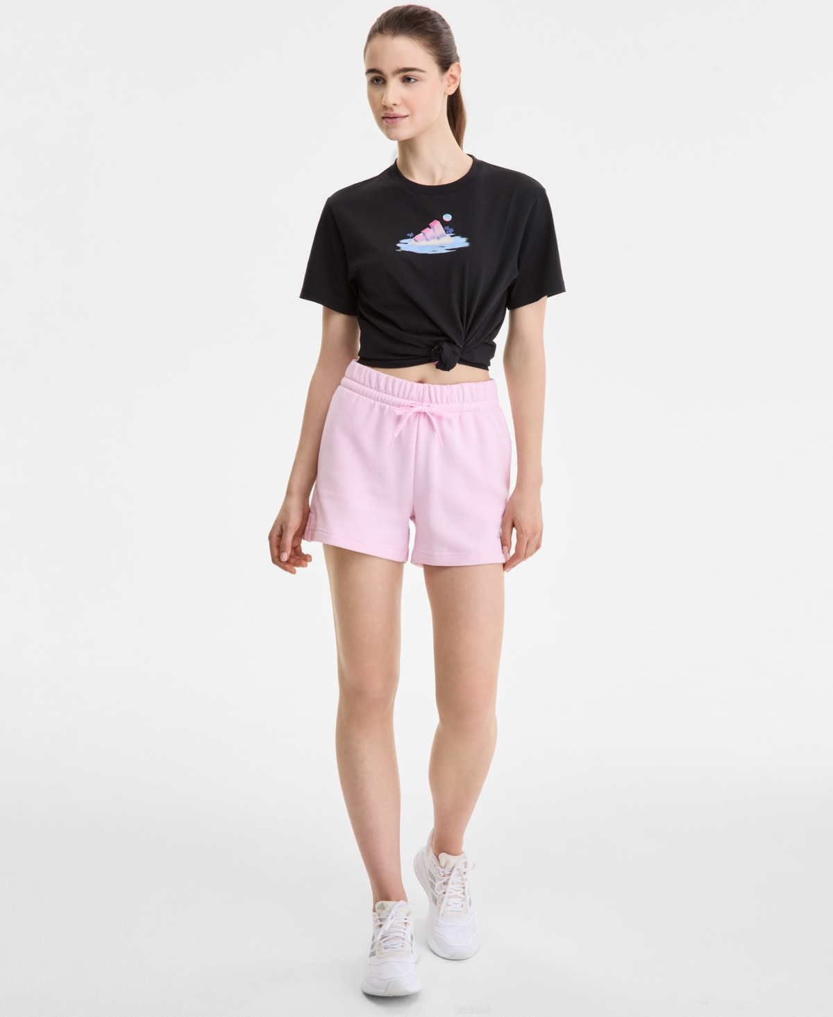 adidas Women’s Essentials Small Logo Fleece Shorts – Clear Pink/White adidas Women’s Essentials Small Logo Fleece Shorts – Clear Pink/White